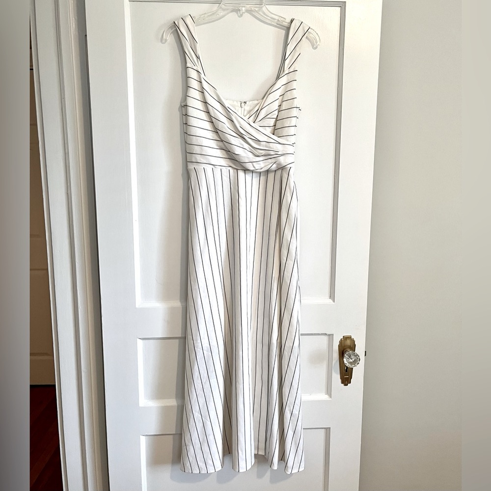 Madeleine Linen Midi Dress - White with Shimmery Silver Stripes